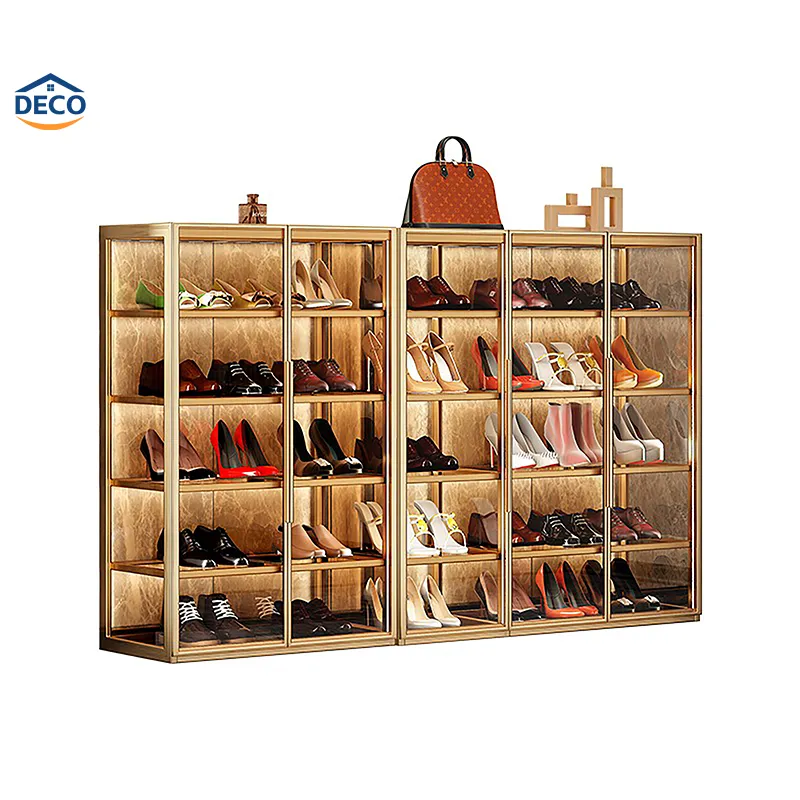 Meubles de salon en verre de luxe étagère à chaussures porte d'entrée vitrine vitrine armoire à chaussures avec lumière LED