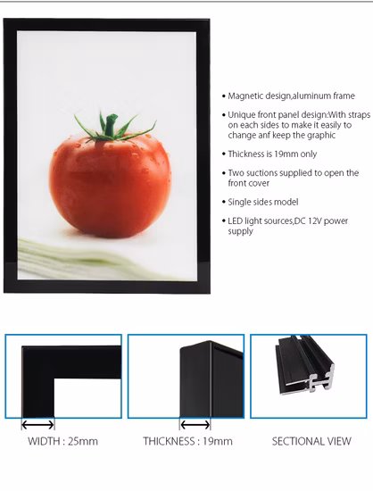 Cadre d'affiche magnétique noir de boîte à lumière d'affichage d'affiche LED d'intérieur de mur 24X36